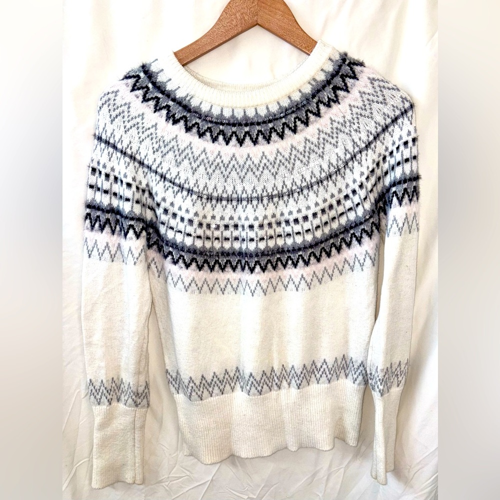 Tommy Hilfiger Women's White and Gray With Sequins Patterned Sweater Size Small